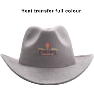 A grey felt cowboy hat with a wide brim and a logo on the front.