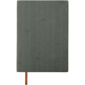 A colour changing PU leather notebook in a muted green hue with a brown ribbon bookmark. It features a textured finish and a logo.
