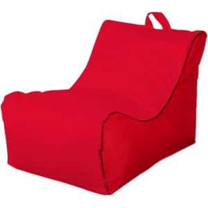 A red outdoor chair with a curved design and a handle on the back. It has a smooth fabric texture and a simple shape.