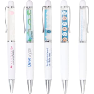 A selection of white plastic pens featuring colourful designs and clip mechanisms, all with branding.