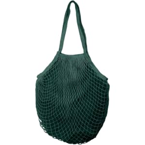 A green mesh grocery bag with sturdy handles and a spacious inner compartment. It features a logo.