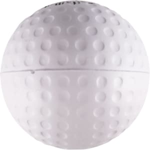 A white golf ball-shaped stress reliever with a textured surface, featuring an unspecified logo.