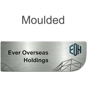 A custom metal name badge in silver with a geometric design and a logo, featuring text for a company name.