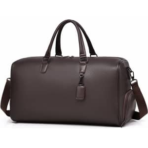A brown polyurethane duffle bag with dual handles and a detachable shoulder strap. Features a minimal design and a logo.