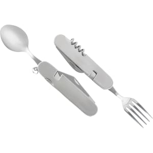 A multi-functional camping cutlery tool in silver, featuring a spoon, fork, and corkscrew. It has a sleek design with a logo.