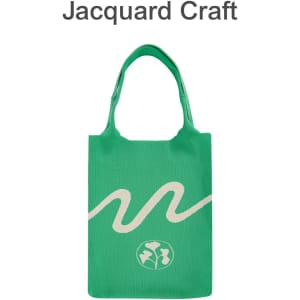 A green knitted shoulder bag with a wave design and a circular logo at the base.