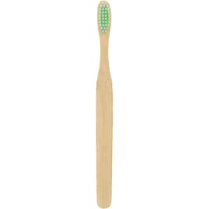 A large flat handle toothbrush with a bamboo body and green bristles. It features a simple design and a logo.