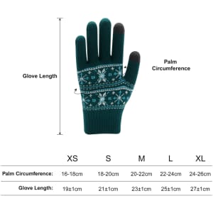 A pair of teal jacquard gloves with a snowflake pattern, featuring measured size details and a brand logo.