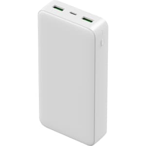 A white power bank with two USB ports and a USB-C port, designed for charging devices.
