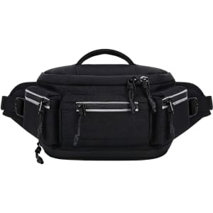 A black expandable bum bag featuring multiple zippered pockets and a handle on top. Includes a logo.
