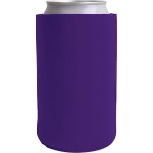 A drink bottle in a purple skinny stubby holder with a smooth surface and no visible logos.