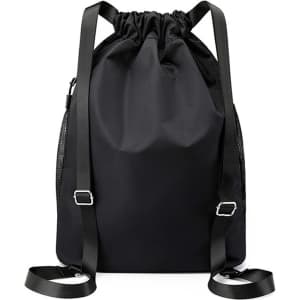 A black drawstring backpack with a mesh design and adjustable straps, featuring a logo on the front.
