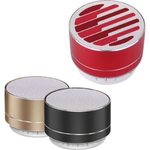 A collection of three Metal Fashion Bluetooth speakers in red, gold, and black, with a mesh top and control buttons.