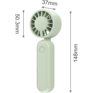 A foldable handheld fan in light green, featuring a circular fan head and dimensions displayed alongside.