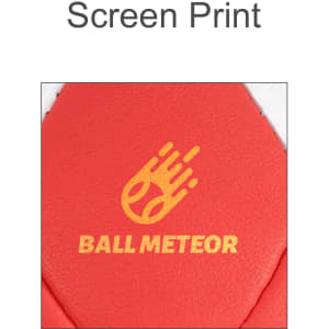 A red hand-stitched handball featuring a logo in gold. The ball has a textured surface for grip.