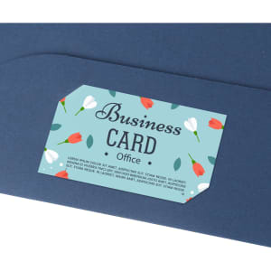 A4 presentation folder in navy blue, featuring floral designs and a card holder for business cards.
