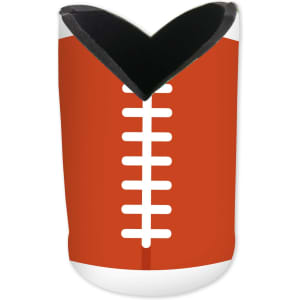 A drink bottle holder in brown and white, featuring a football design and a black interior. Includes a logo.