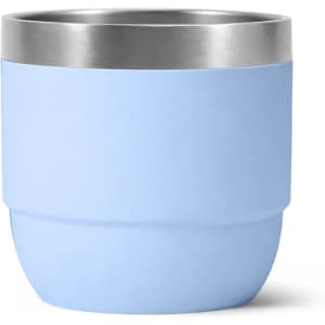 A drink bottle in light blue with a stainless steel rim and a smooth, curved design. It features a logo.