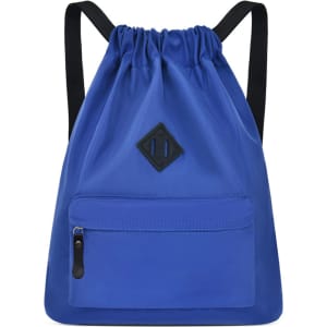 A blue lightweight drawstring backpack with black straps and a front zip pocket. It features a small logo.
