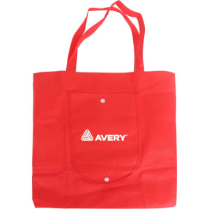 A red non-woven foldable bag with two handles and a pocket. It features a logo on the front.