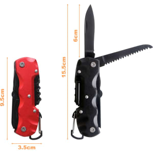 A multifunction pocket knife in red and black, featuring a blade and serrated edge, with a keyring attachment.