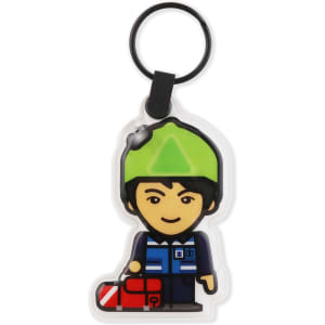 A PVC LED keyring featuring a cartoon figure in a green hat holding a red bag, with a black keyring attachment.