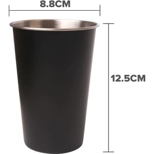 A drink bottle with a black exterior and stainless steel interior, measuring 12.5cm tall and 8.8cm wide. Features a logo.
