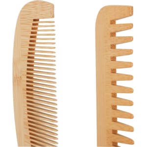 A bamboo small comb featuring two styles: fine and wide-toothed, showcasing a natural wood colour.