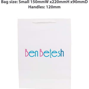 A small white vertical paper bag with a rope handle, featuring colourful branding on the front.