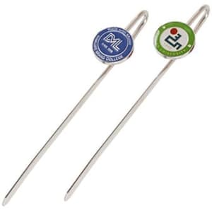 A pair of silver metal bookmarks with coloured circular decorative tops featuring logos.