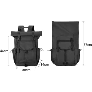 A black polyurethane roll top backpack with adjustable straps and multiple pockets, showing dimensions.