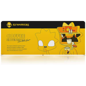 A promotional tension fabric display wall featuring a vibrant yellow design with cartoon graphics and a logo.