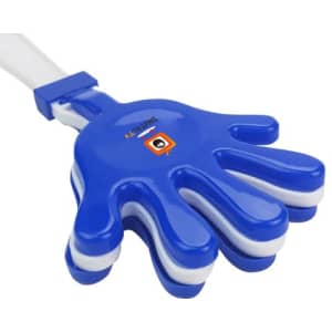 A blue and white hand-shaped clapper with a logo on the palm side.