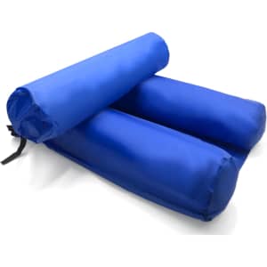 A blue inflatable floating chair features two cylindrical sections and a strap for securing. It has a logo.