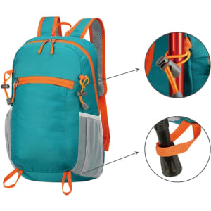 A packable hiking backpack in teal with orange accents, featuring adjustable straps and mesh pockets.