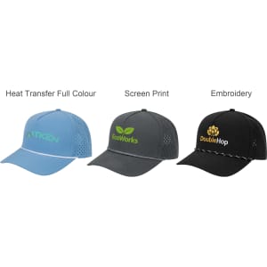 A set of three caps featuring mesh backs in blue, grey, and black, each with a logo and different decoration styles.