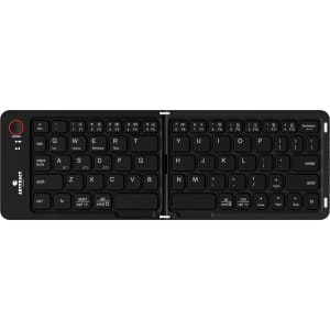 A black wireless foldable keyboard with a sleek design and a small logo on the side.