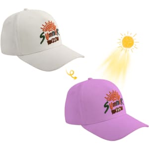 A colour changing baseball cap in white that transforms to pink in sunlight, featuring a logo on the front.