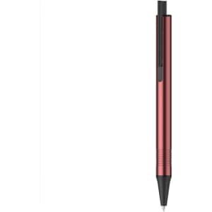A red metallic pen with a sleek design and black accents, featuring a clip and a fine point tip.
