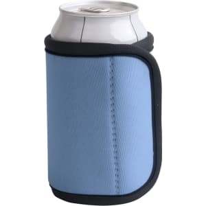 A drink bottle wrapped in a light blue Velcro stubby holder with a black trim.