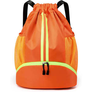 An orange drawstring backpack featuring mesh side pockets and a bright yellow accent, with a logo displayed.
