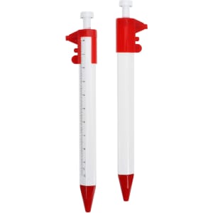 A Caliper Pen in white and red, featuring a measuring scale and a rounded tip, with a logo on the side.