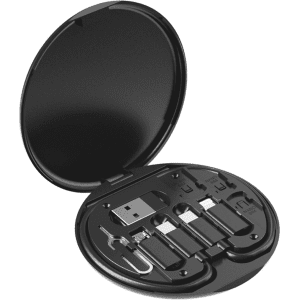 A round black kit containing various charging cables and connectors, neatly organised in a circular case.