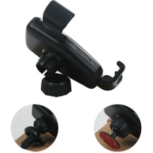 A black wireless car charger with a mounting clip and adjustable base. Features circular and hexagonal bases.