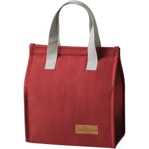 A red minimalist lunch bag with grey handles and a branded patch on the front.
