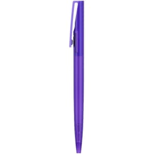 A purple pen with a transparent barrel and a clip, featuring a simple design and branding.