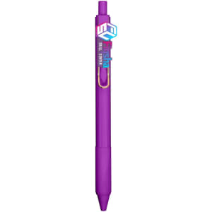 A purple PVC pen featuring a clip and a logo.