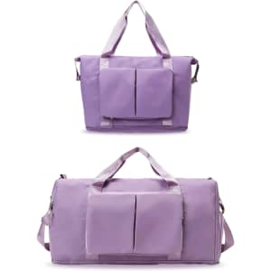 A foldable sports duffle bag in light purple with dual front pockets and carry handles. It has a logo visible.