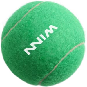 A green tennis ball with white markings and a logo. It has a fuzzy texture typical of pet toys.