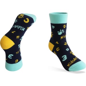 Custom pattern socks in navy blue, featuring playful numbers and paw print designs with teal and yellow accents.